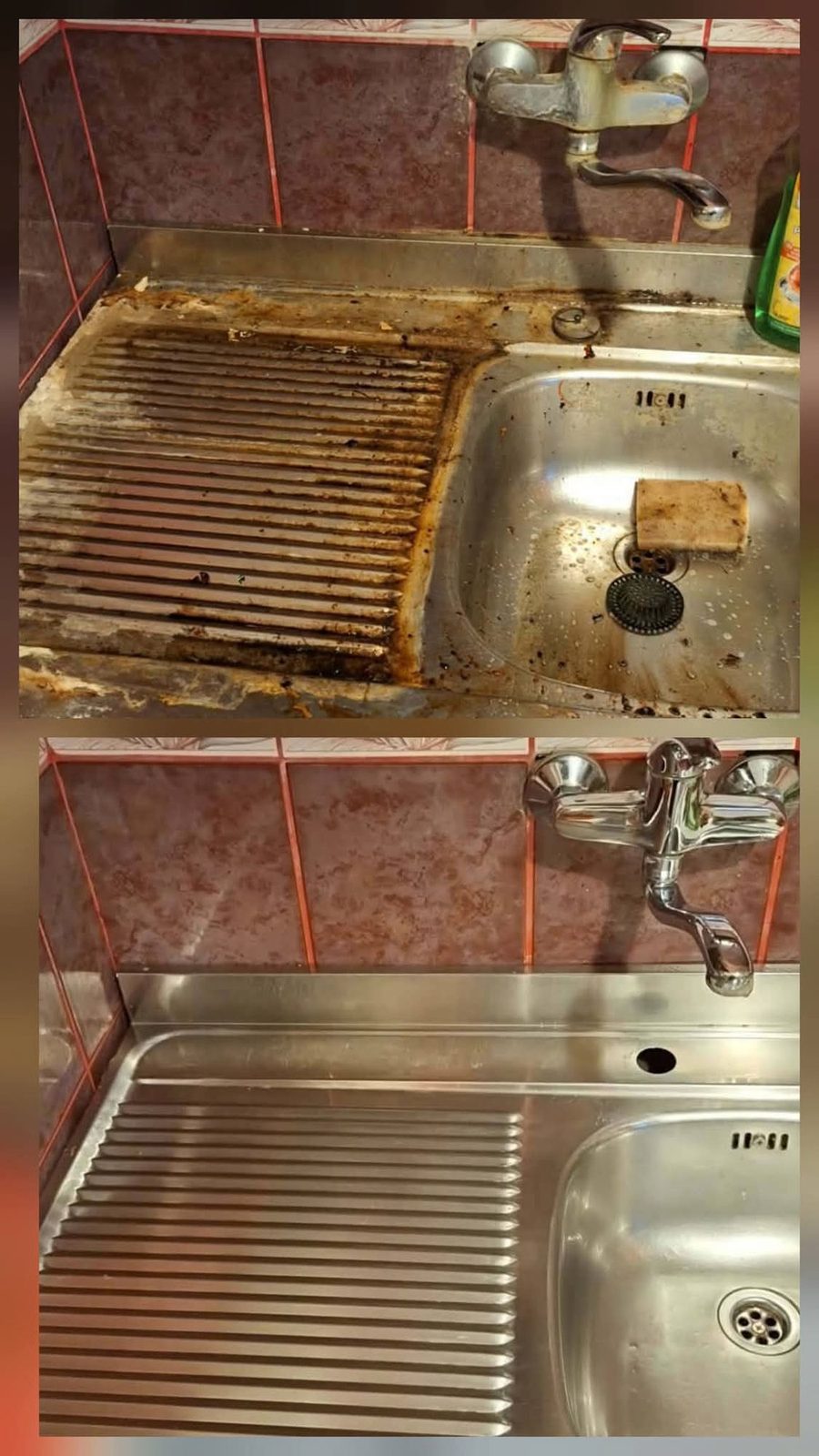 Zapušteni inox sudoper s ocjeditom plohom prije i poslije čišćenja – uklonjena zapečena masnoća i hrđa